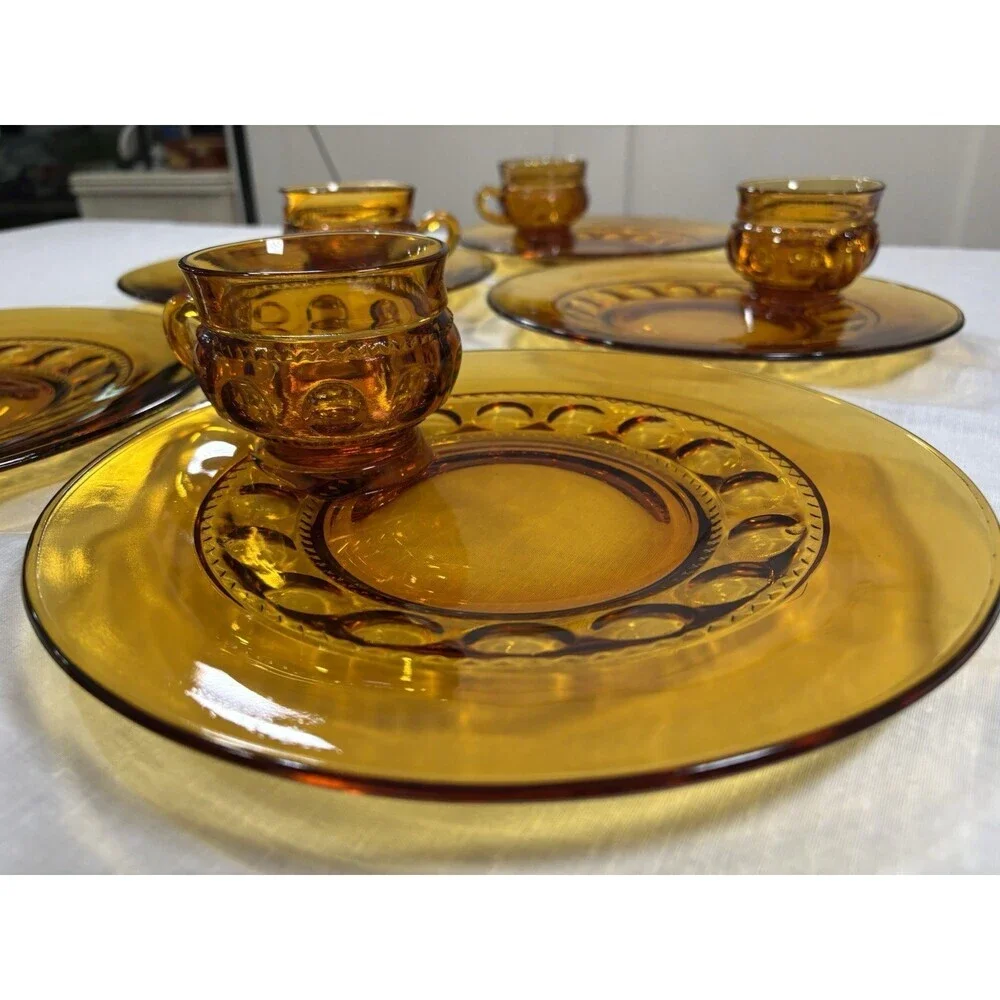 Vintage Indiana Glass Kings Crown Thumbprint Amber Snack Set 6 Plates 6Cups